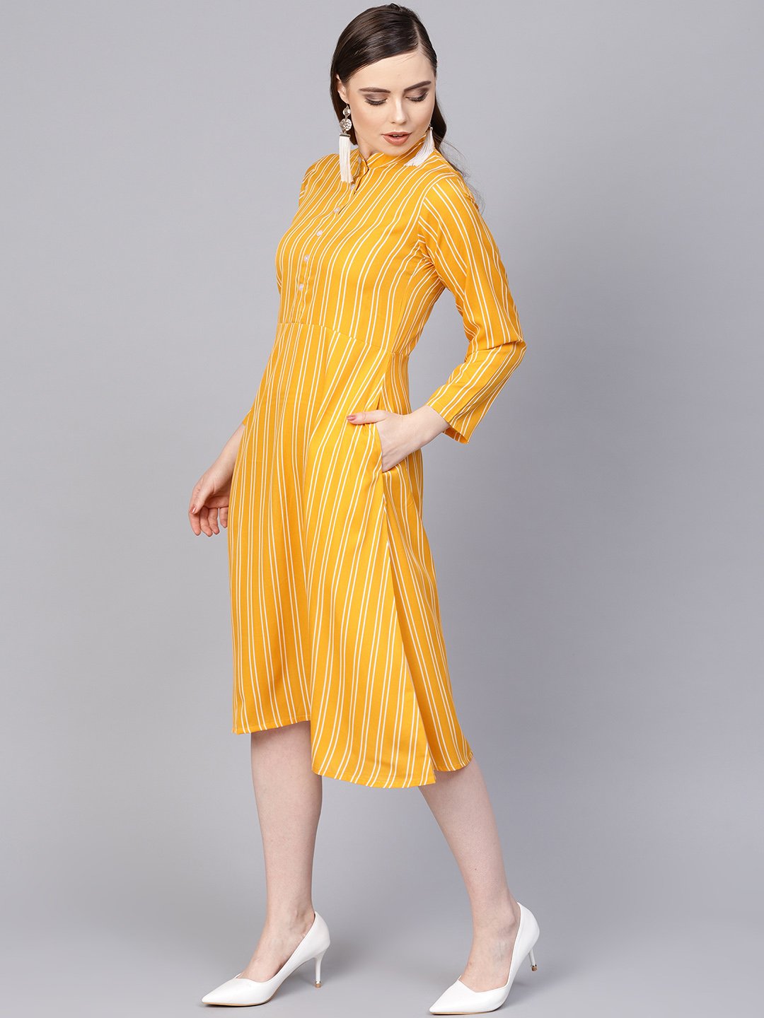 Yellow & White Striped Dress With Madarin Collar & Full Sleeves | LASVINI - Redefining Indian Fashion with Elegance