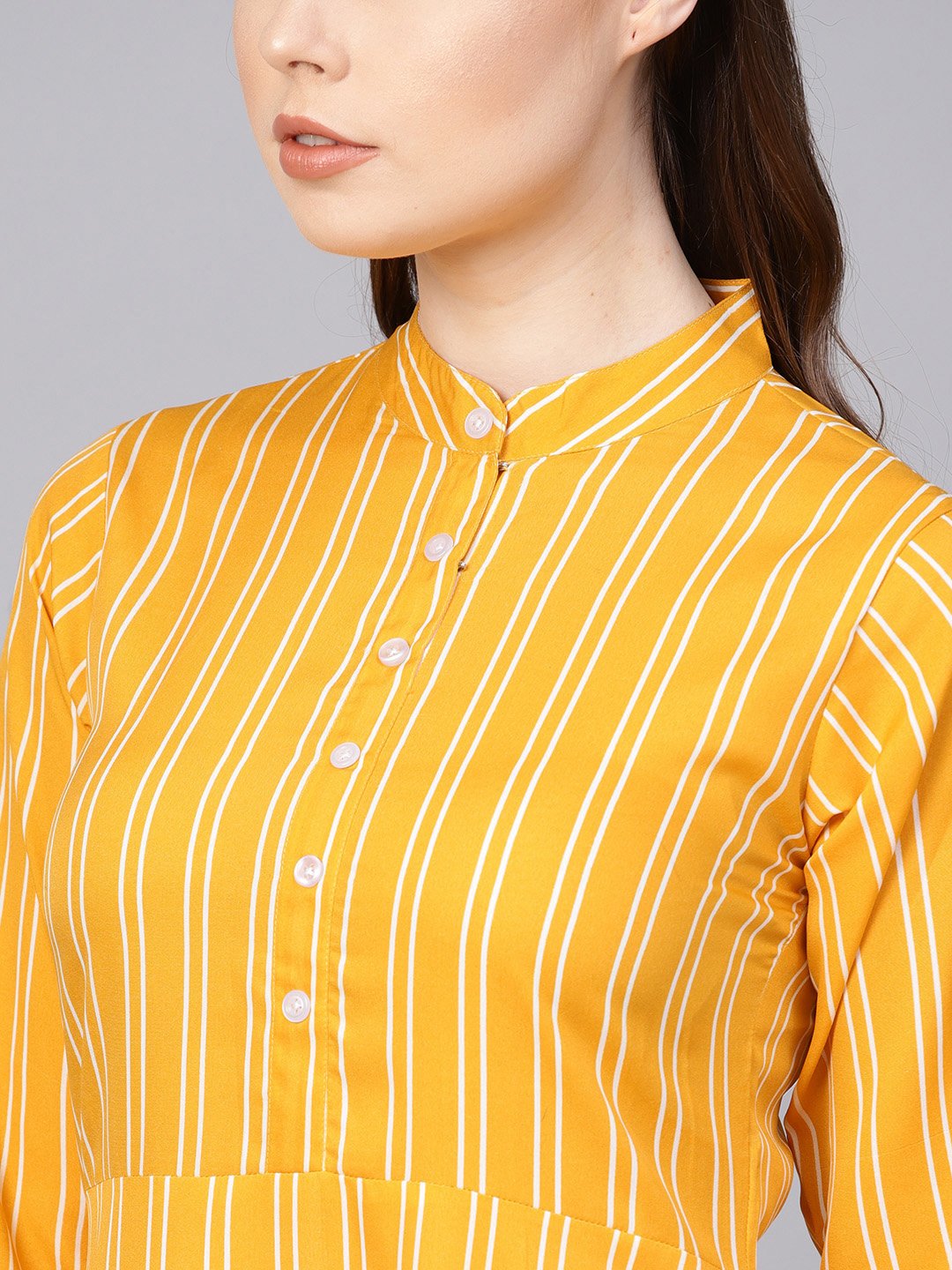 Yellow & White Striped Dress With Madarin Collar & Full Sleeves | LASVINI - Redefining Indian Fashion with Elegance
