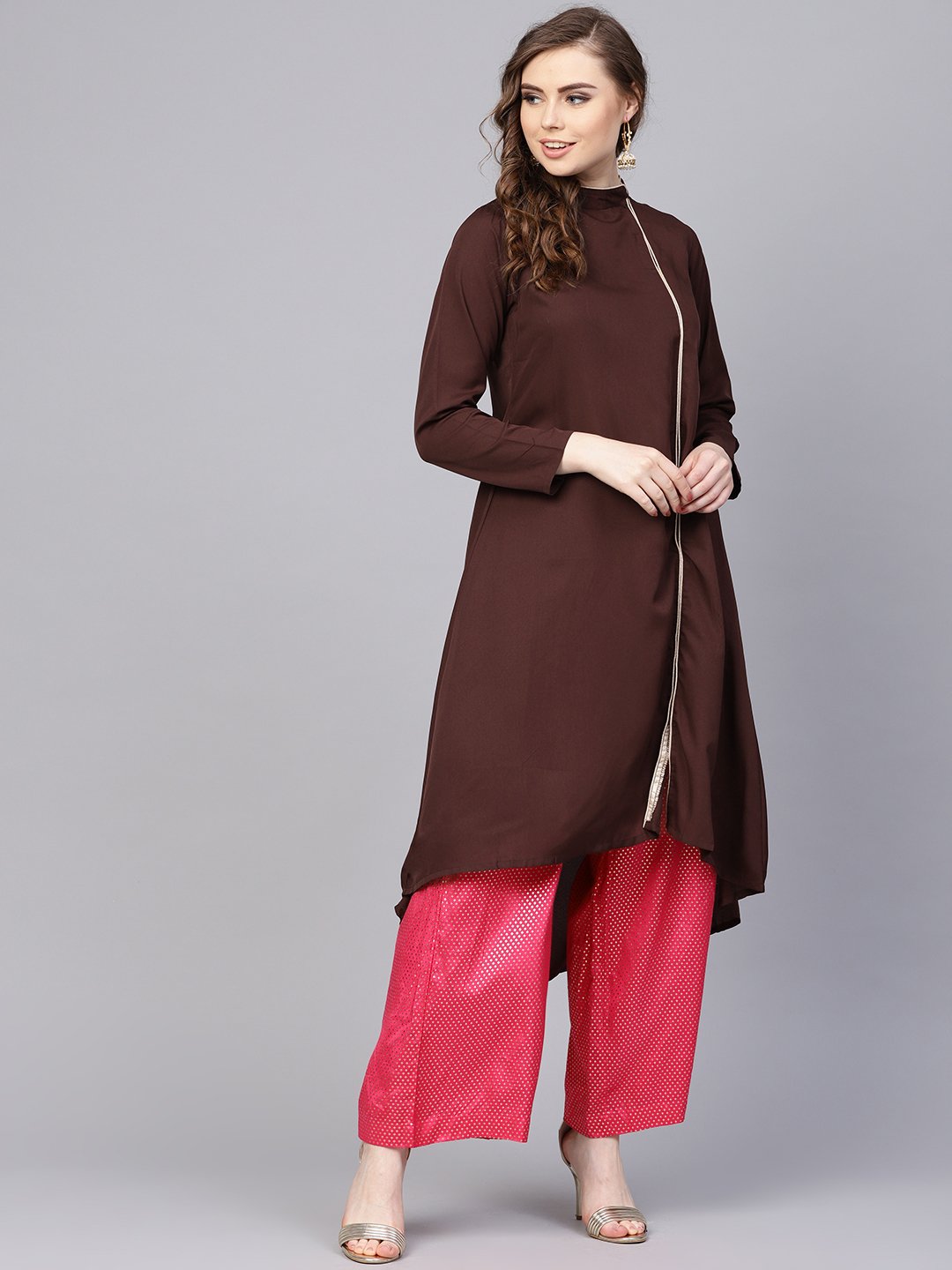 Chocolate Brown Kurta With Side Slit & Roll Colllar | LASVINI - Redefining Indian Fashion with Elegance