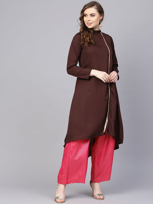 Chocolate Brown Kurta With Side Slit & Roll Colllar | LASVINI - Redefining Indian Fashion with Elegance