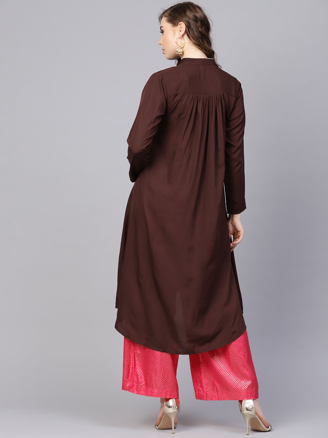 Chocolate Brown Kurta With Side Slit & Roll Colllar | LASVINI - Redefining Indian Fashion with Elegance