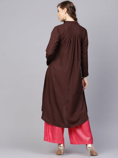 Chocolate Brown Kurta With Side Slit & Roll Colllar | LASVINI - Redefining Indian Fashion with Elegance