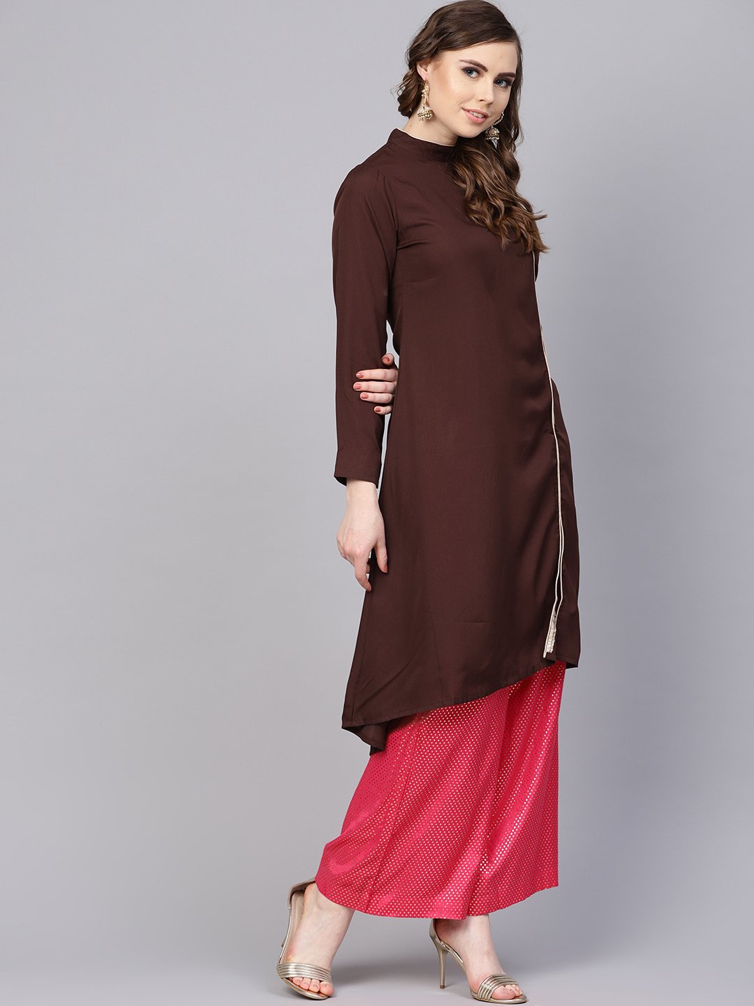 Chocolate Brown Kurta With Side Slit & Roll Colllar | LASVINI - Redefining Indian Fashion with Elegance