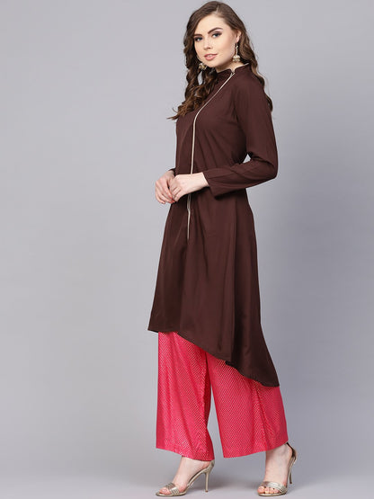 Chocolate Brown Kurta With Side Slit & Roll Colllar | LASVINI - Redefining Indian Fashion with Elegance