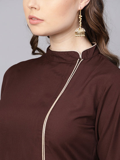 Chocolate Brown Kurta With Side Slit & Roll Colllar | LASVINI - Redefining Indian Fashion with Elegance