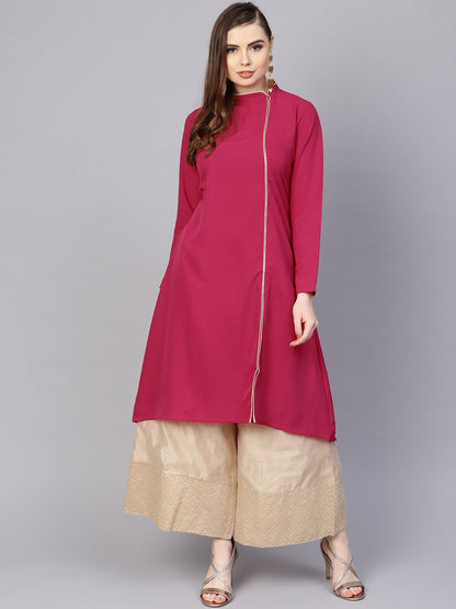 Solid Megenta Kurta With Side Slit & Roll Colllar | LASVINI - Redefining Indian Fashion with Elegance