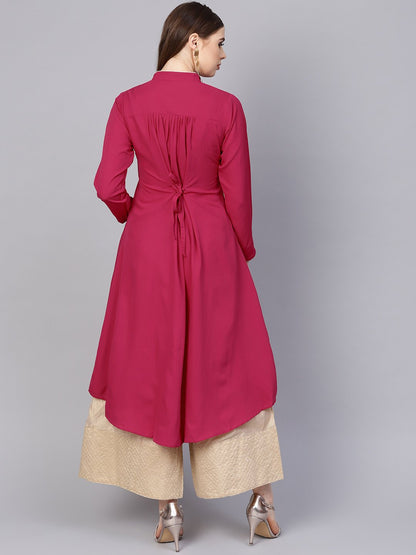 Solid Megenta Kurta With Side Slit & Roll Colllar | LASVINI - Redefining Indian Fashion with Elegance