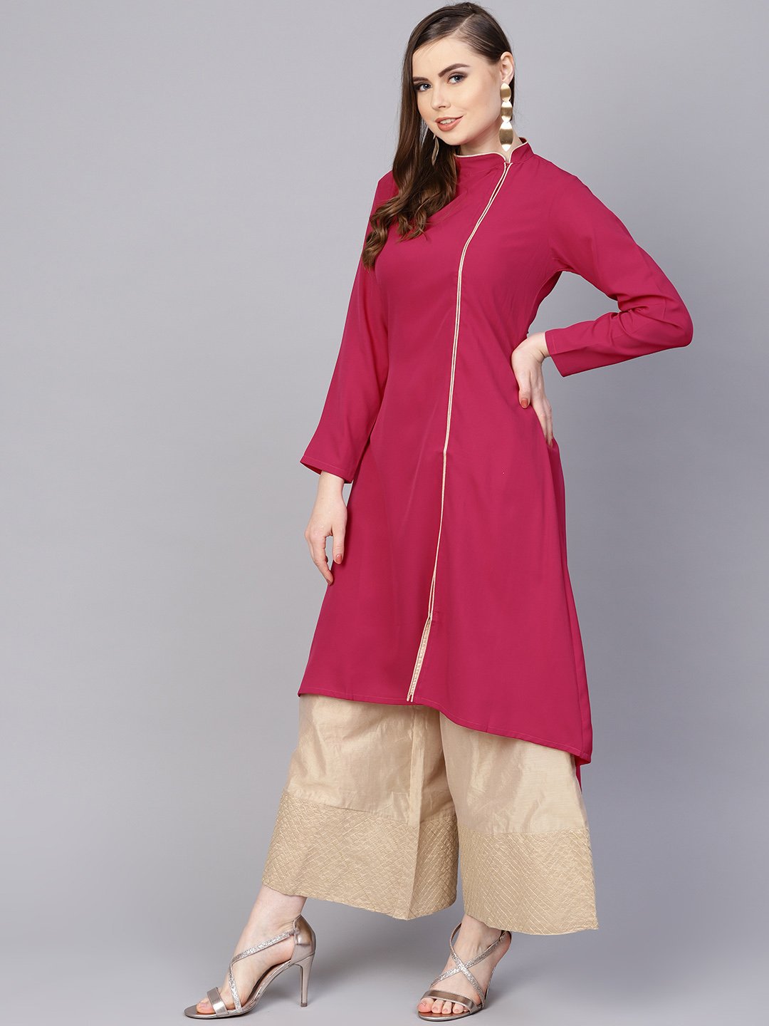 Solid Megenta Kurta With Side Slit & Roll Colllar | LASVINI - Redefining Indian Fashion with Elegance