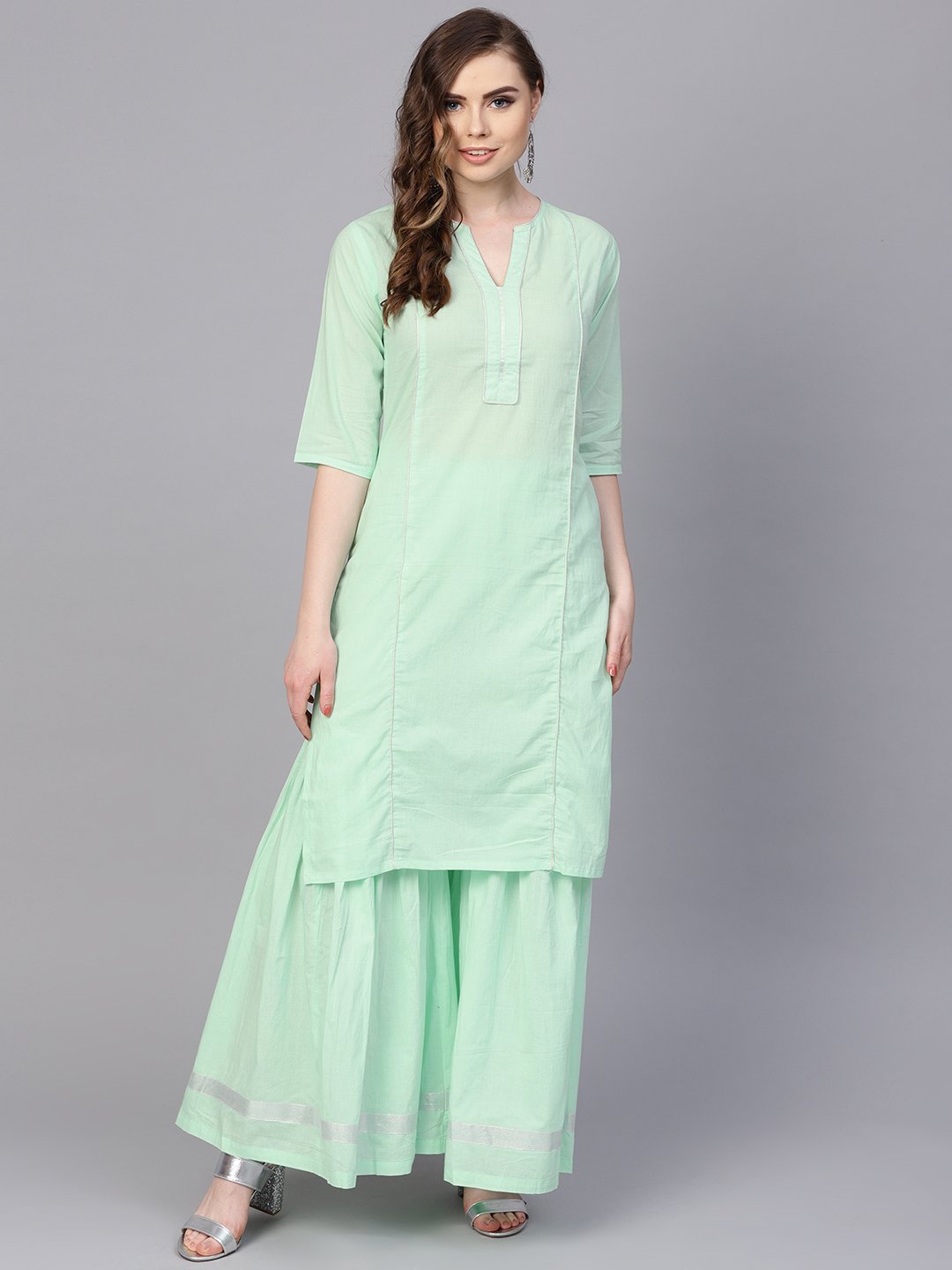 Pastel Solid Mint Kurta Set With Sharara Emblished With Gota | LASVINI - Redefining Indian Fashion with Elegance