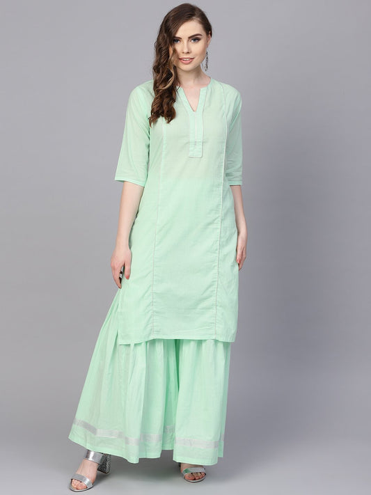 Pastel Solid Mint Kurta Set With Sharara Emblished With Gota | LASVINI - Redefining Indian Fashion with Elegance