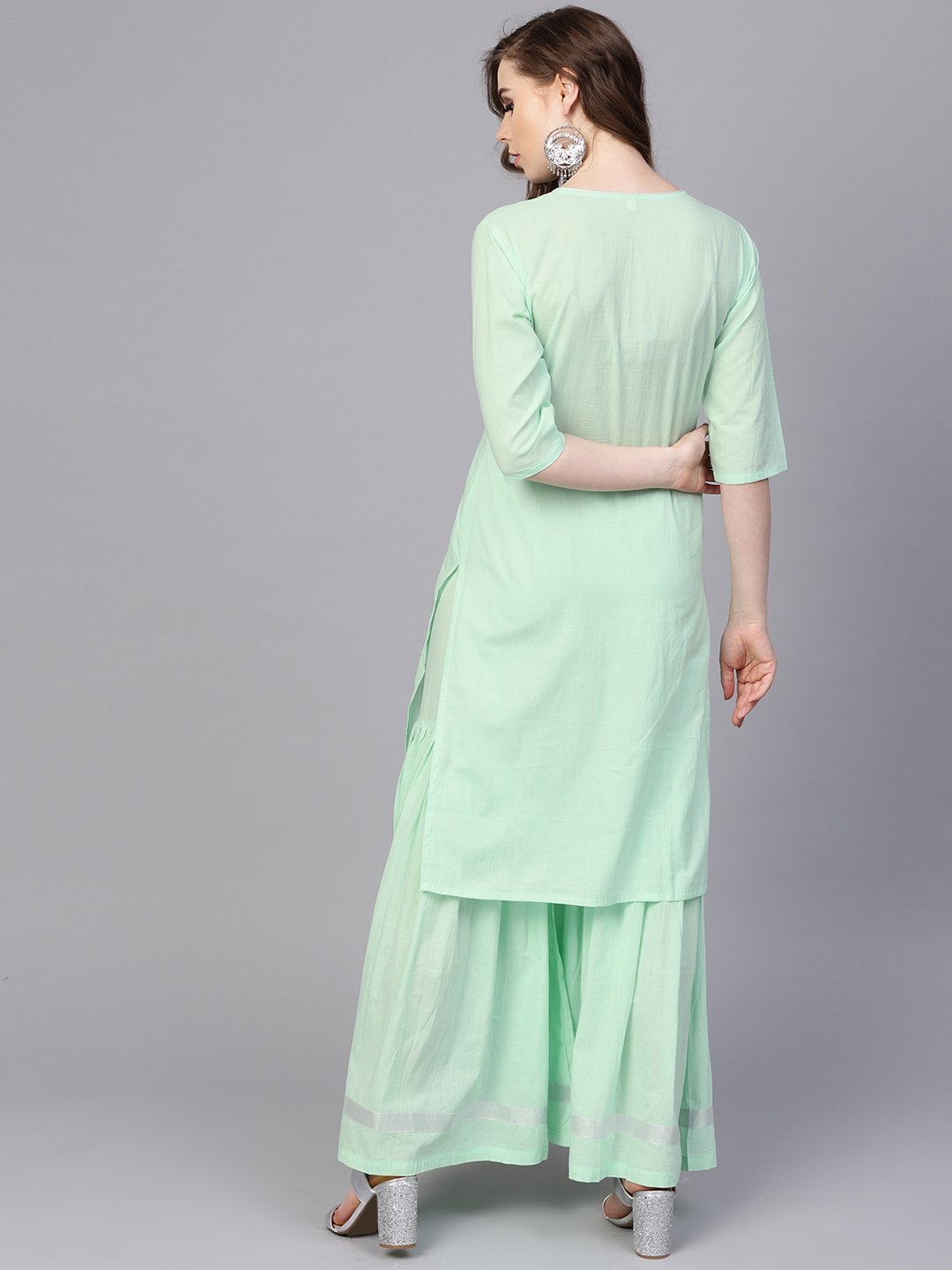 Pastel Solid Mint Kurta Set With Sharara Emblished With Gota | LASVINI - Redefining Indian Fashion with Elegance