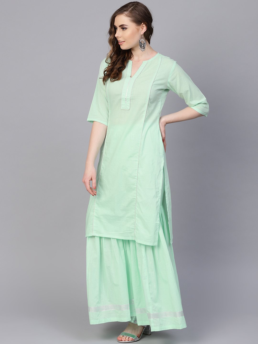 Pastel Solid Mint Kurta Set With Sharara Emblished With Gota | LASVINI - Redefining Indian Fashion with Elegance