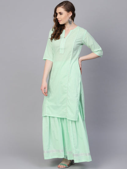 Pastel Solid Mint Kurta Set With Sharara Emblished With Gota | LASVINI - Redefining Indian Fashion with Elegance