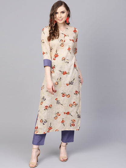 Cream Printed 3/4Th Sleeve Cotton Kurta Set  With Solid Pants | LASVINI - Redefining Indian Fashion with Elegance