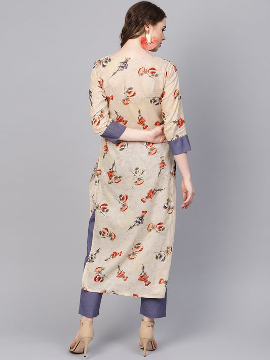 Cream Printed 3/4Th Sleeve Cotton Kurta Set  With Solid Pants | LASVINI - Redefining Indian Fashion with Elegance