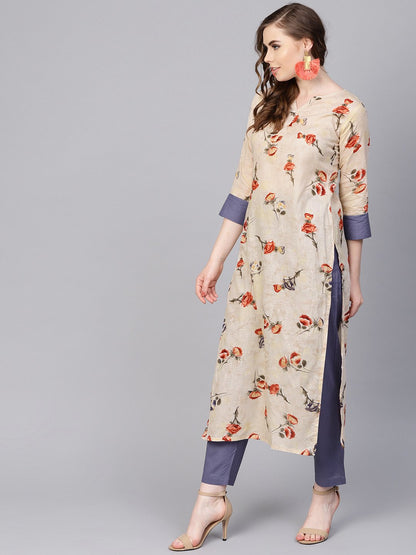 Cream Printed 3/4Th Sleeve Cotton Kurta Set  With Solid Pants | LASVINI - Redefining Indian Fashion with Elegance