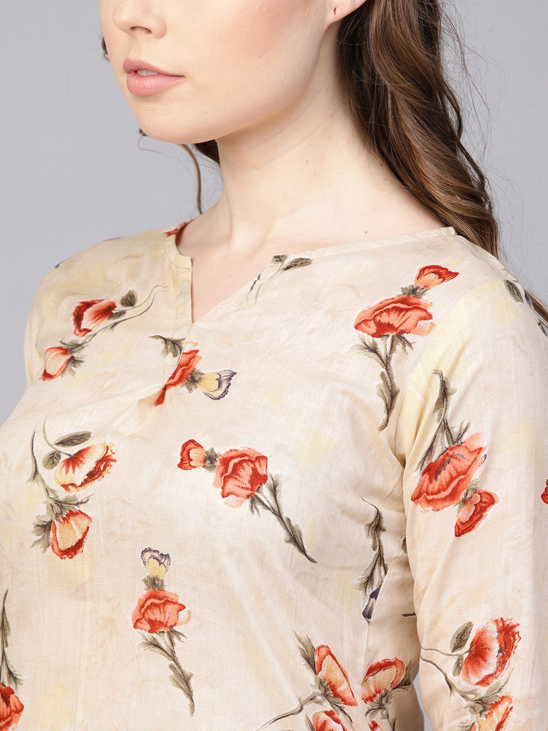 Cream Printed 3/4Th Sleeve Cotton Kurta Set  With Solid Pants | LASVINI - Redefining Indian Fashion with Elegance