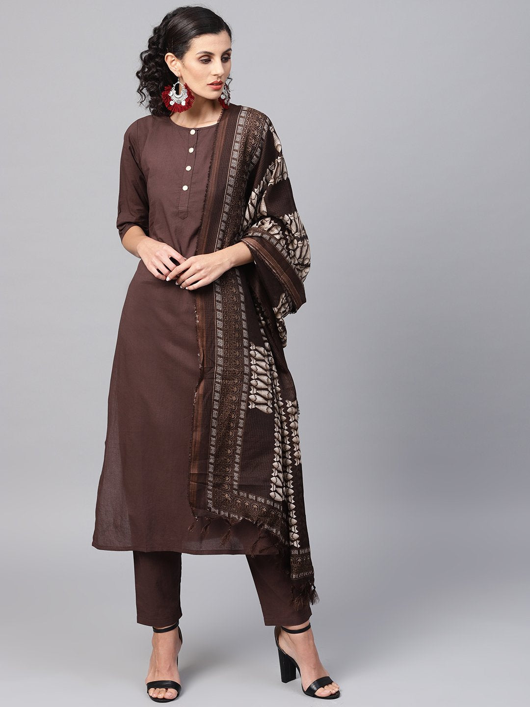 Dark Brown Solid Kurta Set With Pants  & Printed Dupatta | LASVINI - Redefining Indian Fashion with Elegance