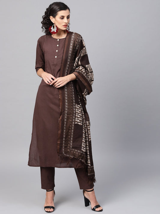 Dark Brown Solid Kurta Set With Pants  & Printed Dupatta | LASVINI - Redefining Indian Fashion with Elegance