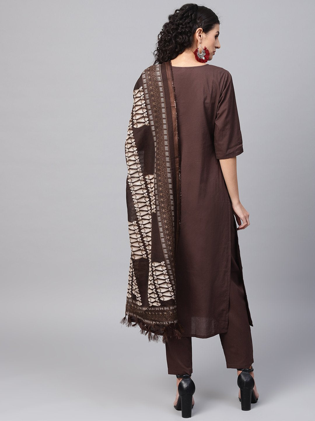 Dark Brown Solid Kurta Set With Pants  & Printed Dupatta | LASVINI - Redefining Indian Fashion with Elegance