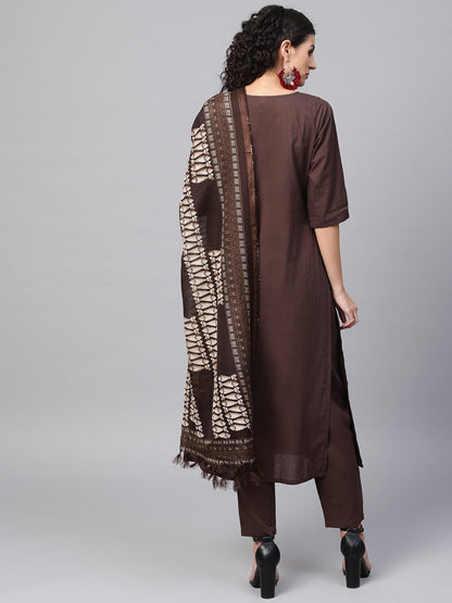 Dark Brown Solid Kurta Set With Pants  & Printed Dupatta | LASVINI - Redefining Indian Fashion with Elegance