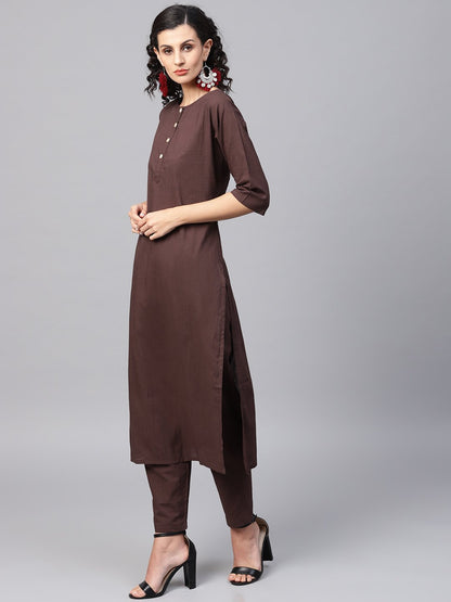 Dark Brown Solid Kurta Set With Pants  & Printed Dupatta | LASVINI - Redefining Indian Fashion with Elegance