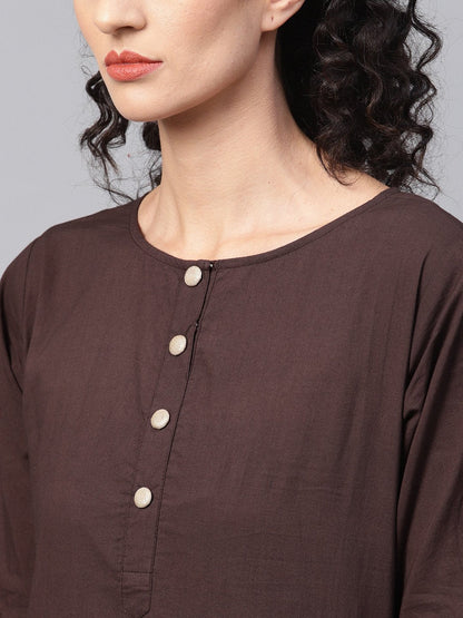 Dark Brown Solid Kurta Set With Pants  & Printed Dupatta | LASVINI - Redefining Indian Fashion with Elegance
