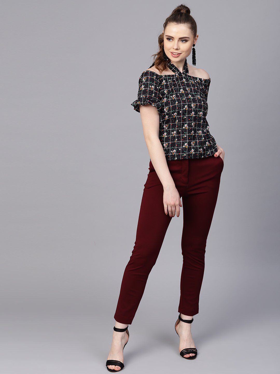 Black Checked Floral Top With Halter Neck & Half Sleeves | LASVINI - Redefining Indian Fashion with Elegance