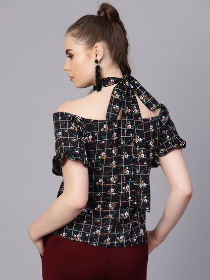 Black Checked Floral Top With Halter Neck & Half Sleeves | LASVINI - Redefining Indian Fashion with Elegance
