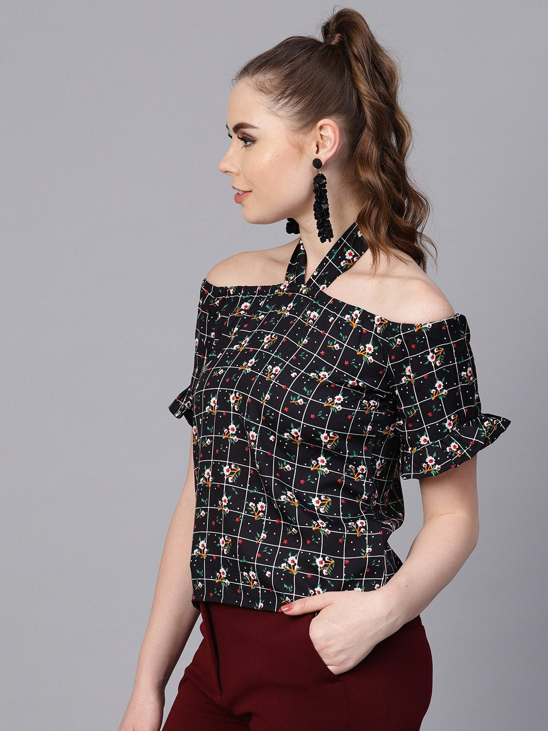 Black Checked Floral Top With Halter Neck & Half Sleeves | LASVINI - Redefining Indian Fashion with Elegance