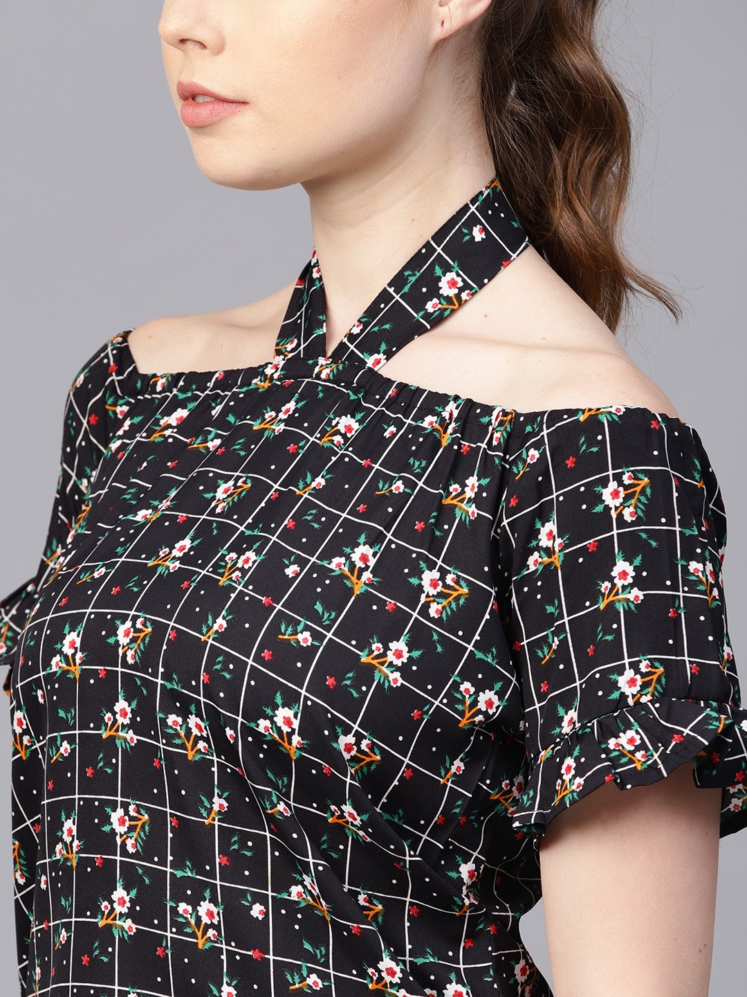 Black Checked Floral Top With Halter Neck & Half Sleeves | LASVINI - Redefining Indian Fashion with Elegance