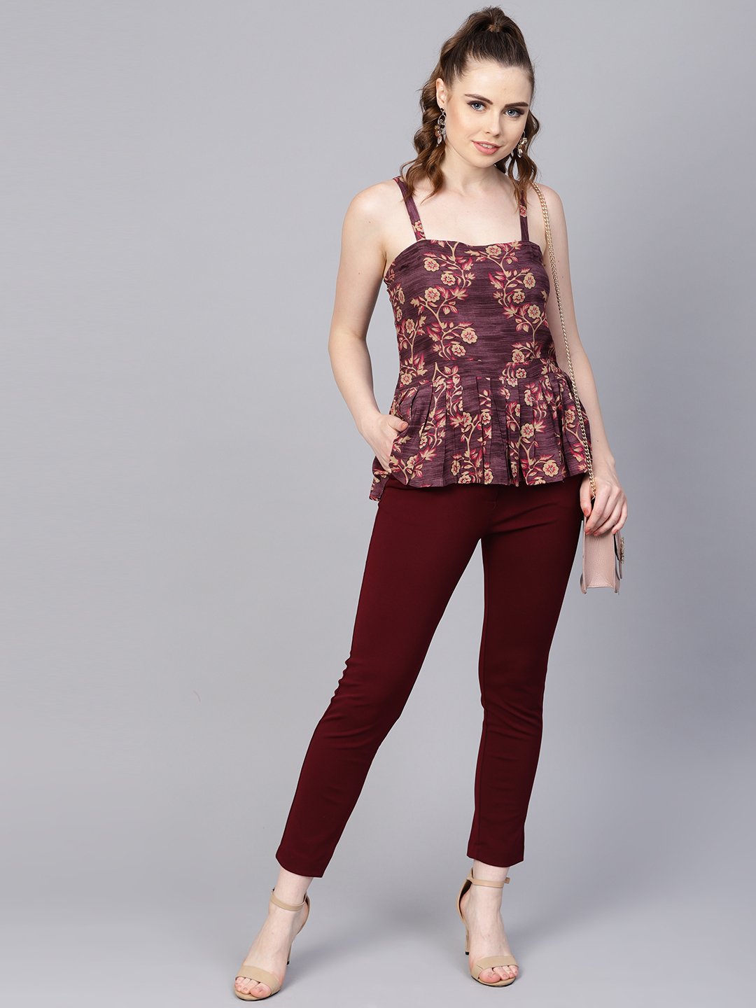 Rayon Burdundy Printed Peplum Style Top With Drawstring | LASVINI - Redefining Indian Fashion with Elegance