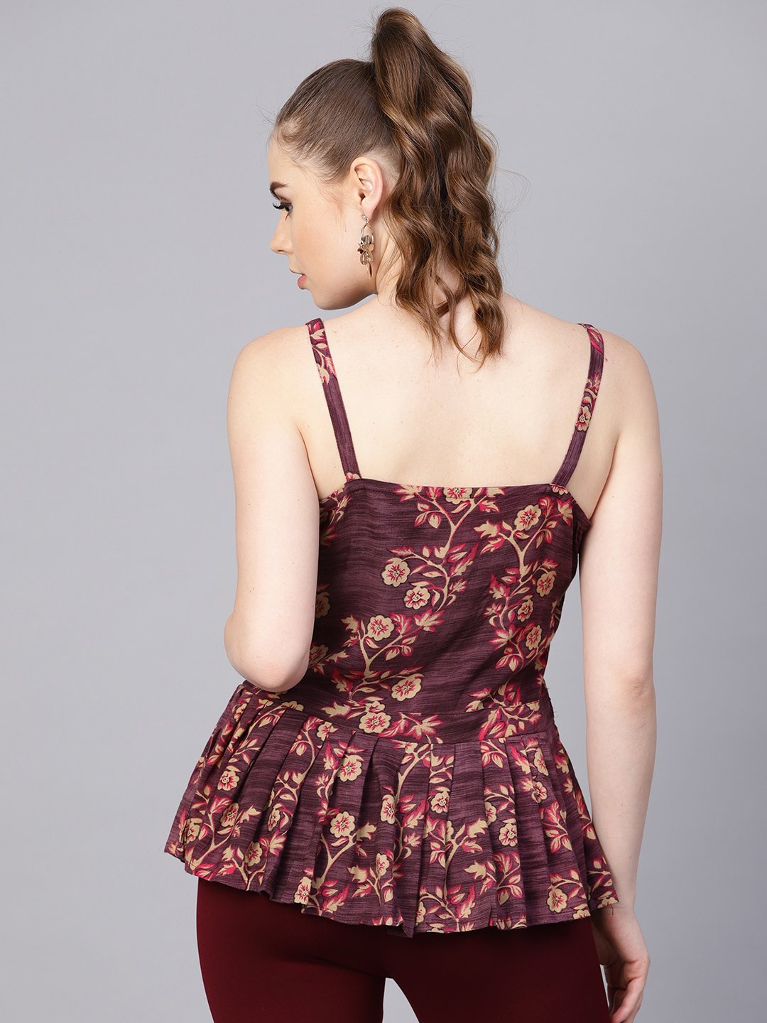 Rayon Burdundy Printed Peplum Style Top With Drawstring | LASVINI - Redefining Indian Fashion with Elegance