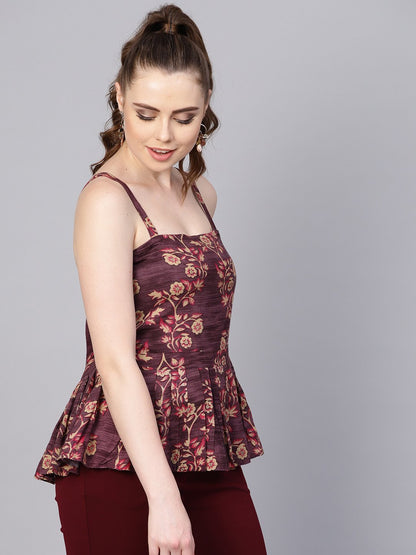 Rayon Burdundy Printed Peplum Style Top With Drawstring | LASVINI - Redefining Indian Fashion with Elegance