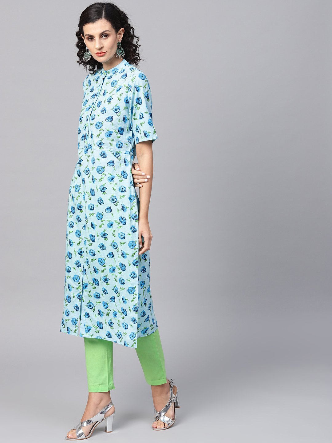 Cotton Light Blue Floral Printed Kurta Set With Solid Light Green Pants | LASVINI - Redefining Indian Fashion with Elegance