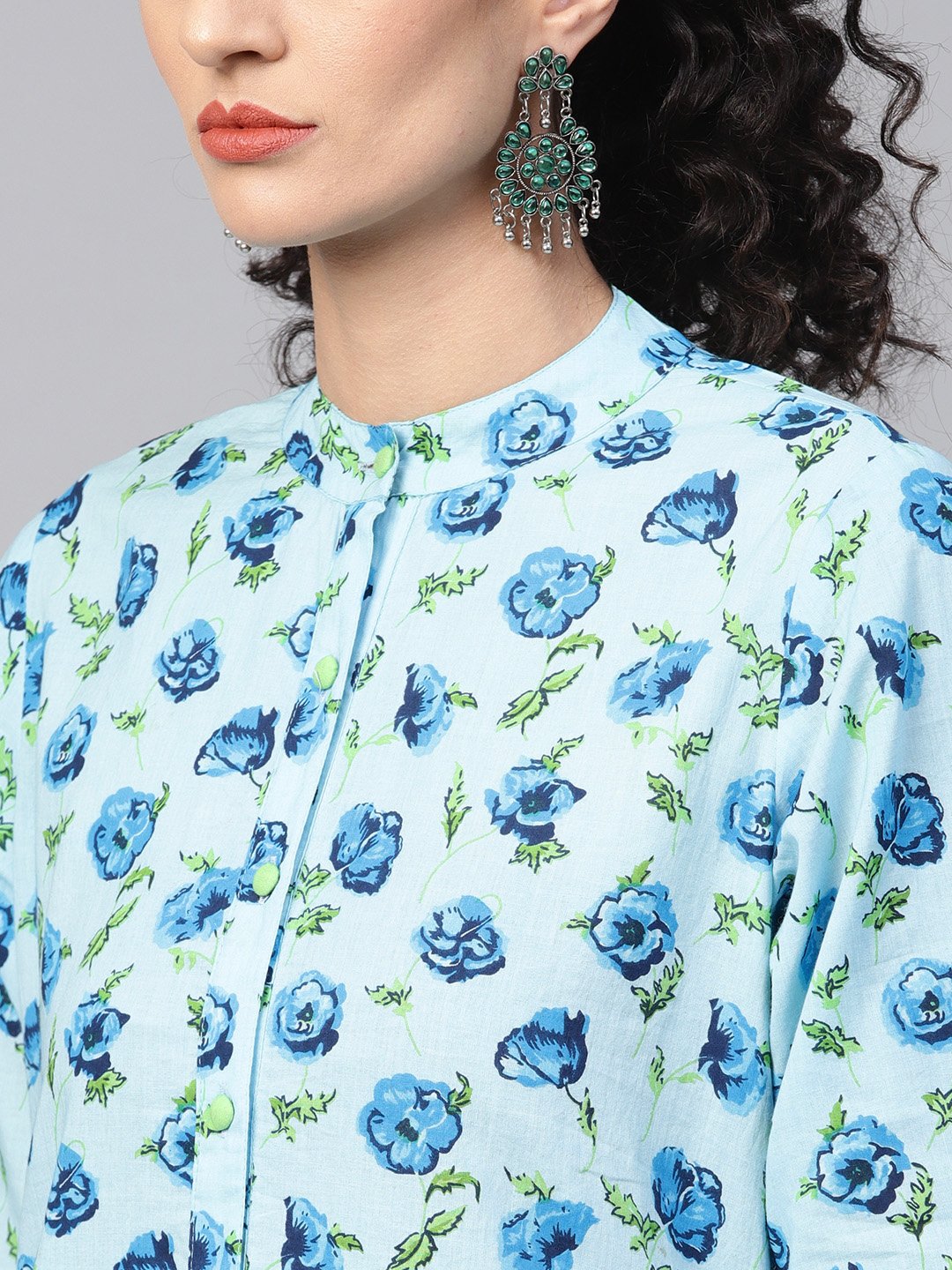 Cotton Light Blue Floral Printed Kurta Set With Solid Light Green Pants | LASVINI - Redefining Indian Fashion with Elegance
