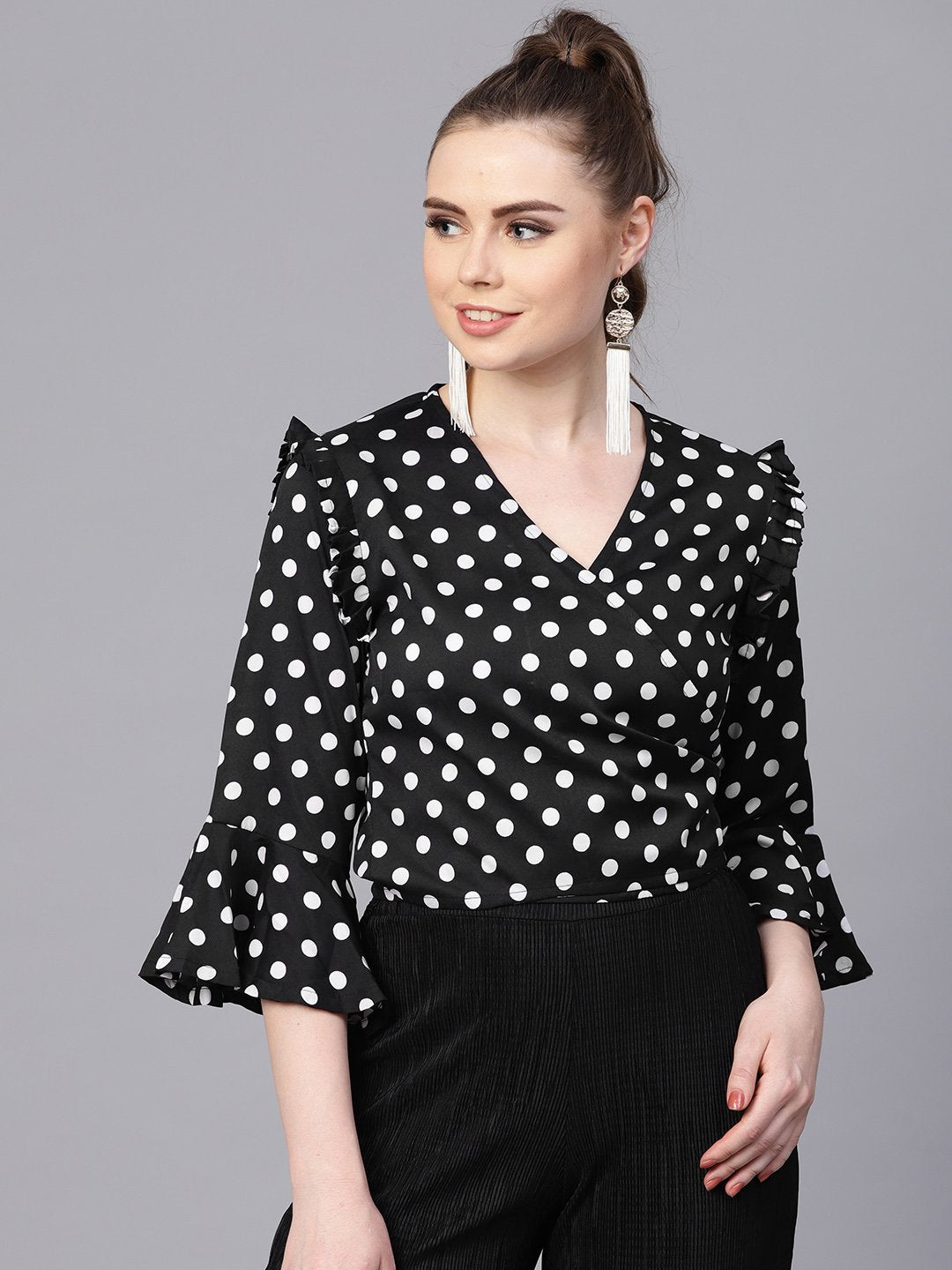 Black Polka Dots Top With Detailed Sleeves & V-Neck | LASVINI - Redefining Indian Fashion with Elegance