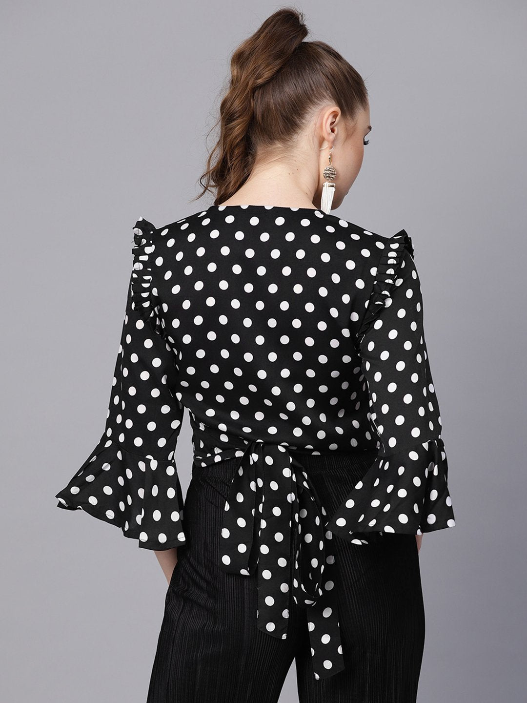 Black Polka Dots Top With Detailed Sleeves & V-Neck | LASVINI - Redefining Indian Fashion with Elegance