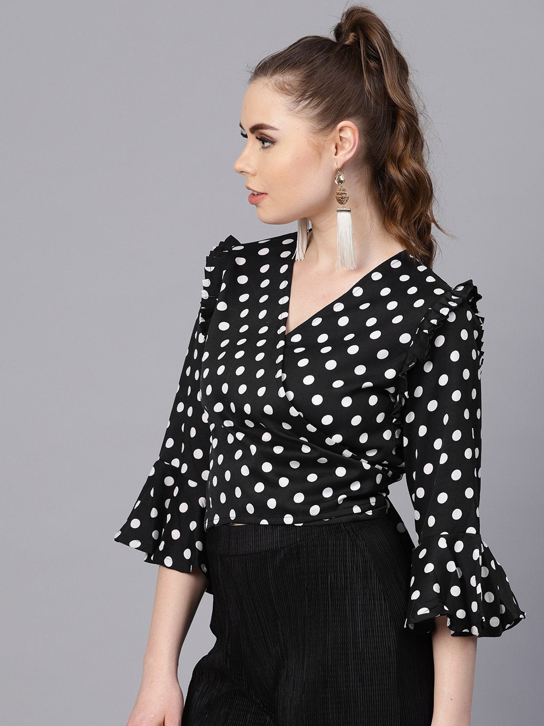 Black Polka Dots Top With Detailed Sleeves & V-Neck | LASVINI - Redefining Indian Fashion with Elegance