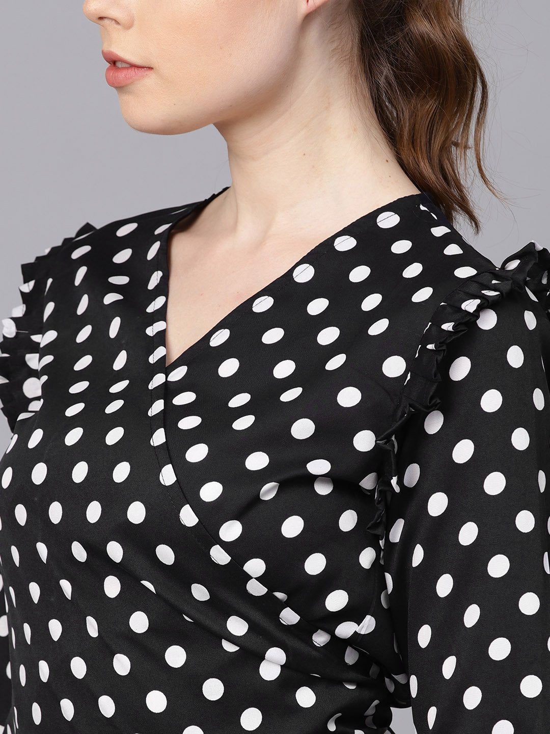 Black Polka Dots Top With Detailed Sleeves & V-Neck | LASVINI - Redefining Indian Fashion with Elegance