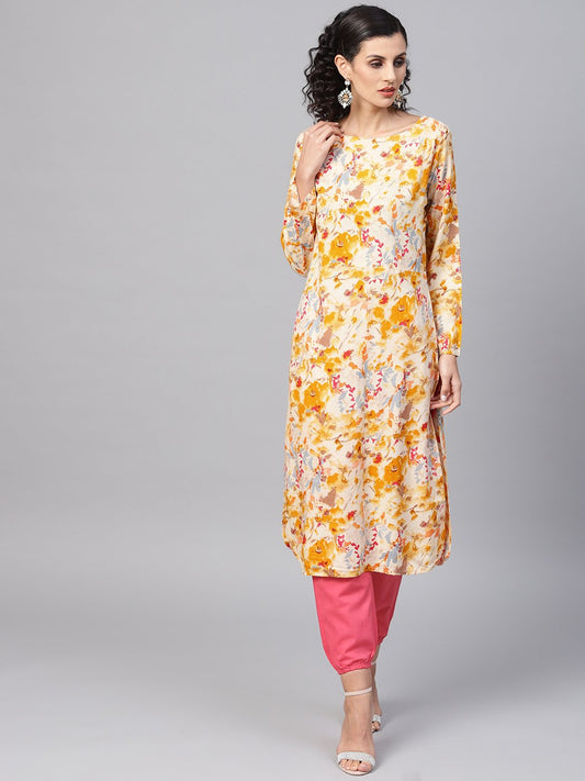 Yellow Coloured Printed Kurta Set With Solid Megenta Pants | LASVINI - Redefining Indian Fashion with Elegance