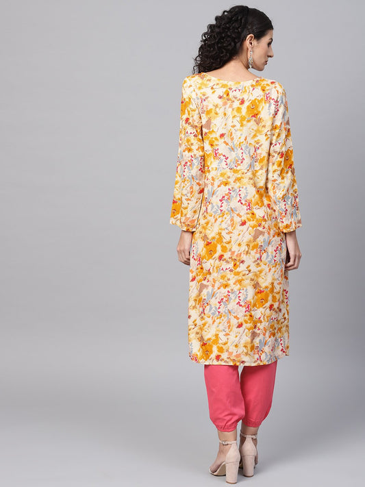 Yellow Coloured Printed Kurta Set With Solid Megenta Pants | LASVINI - Redefining Indian Fashion with Elegance