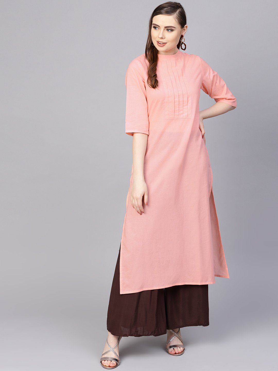 Solid Peach Kurta With Closed Collar And Pleats In Yoke | LASVINI - Redefining Indian Fashion with Elegance