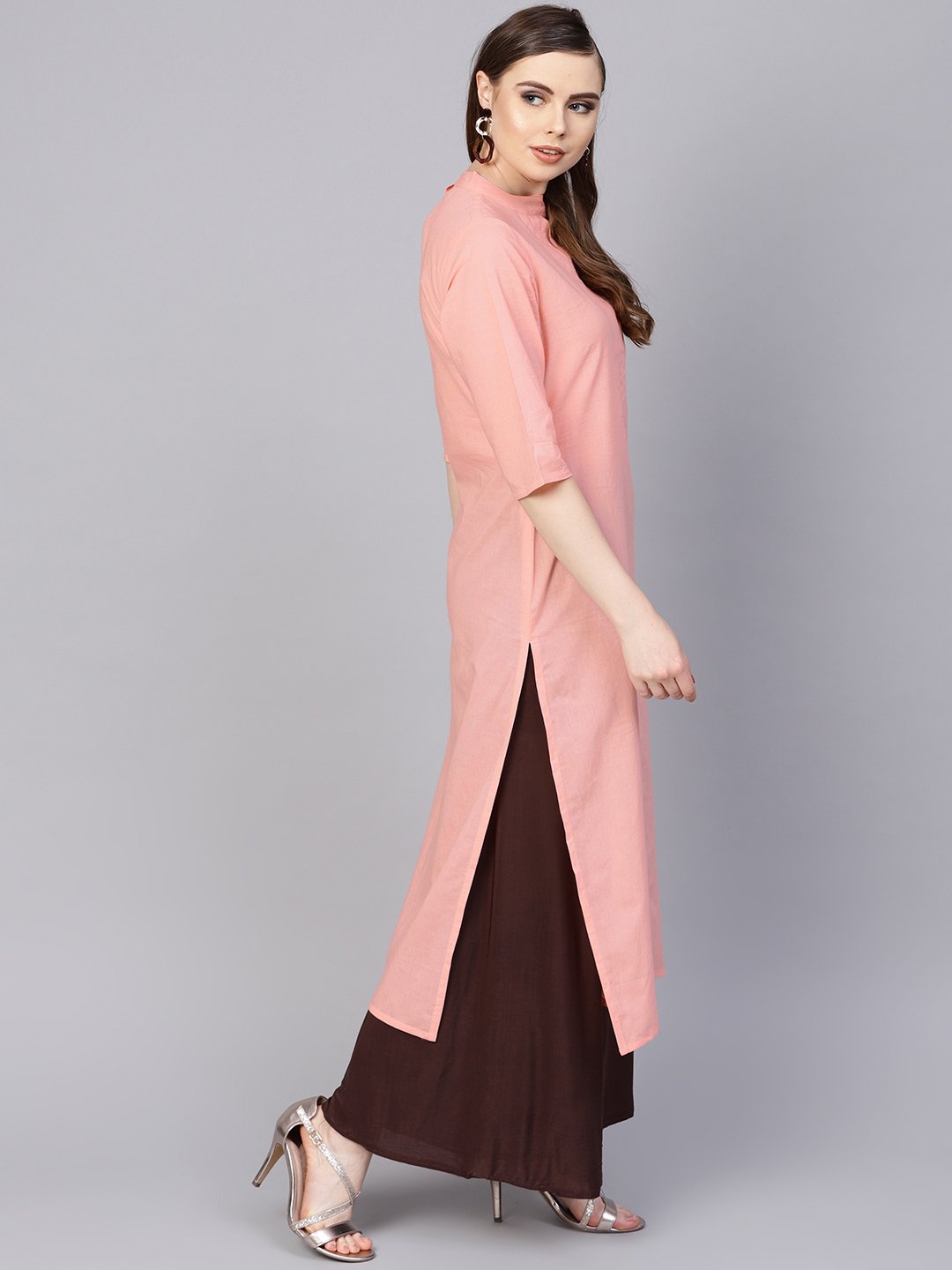 Solid Peach Kurta With Closed Collar And Pleats In Yoke | LASVINI - Redefining Indian Fashion with Elegance
