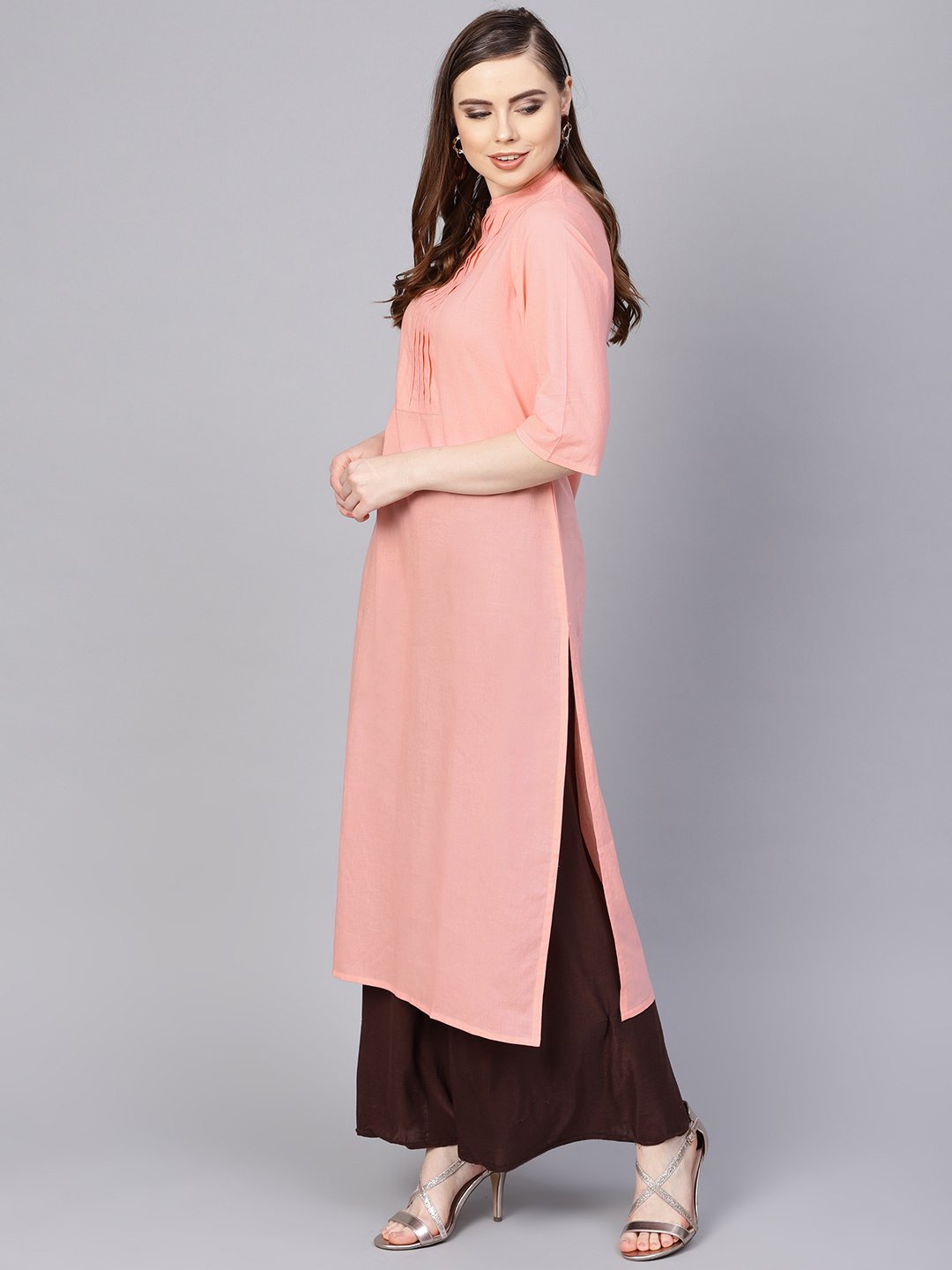 Solid Peach Kurta With Closed Collar And Pleats In Yoke | LASVINI - Redefining Indian Fashion with Elegance