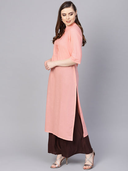 Solid Peach Kurta With Closed Collar And Pleats In Yoke | LASVINI - Redefining Indian Fashion with Elegance
