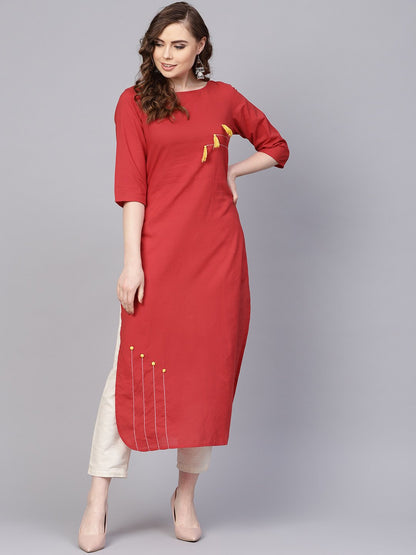 Solid Red Kurta With Thread Stitch And Tassels Detailing With A Round Neck And 3/4Th Sleeves | LASVINI - Redefining Indian Fashion with Elegance