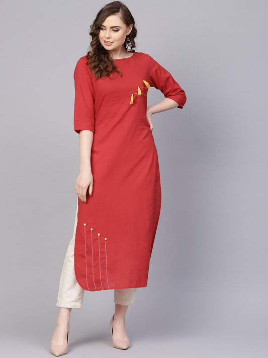 Solid Red Kurta With Thread Stitch And Tassels Detailing With A Round Neck And 3/4Th Sleeves | LASVINI - Redefining Indian Fashion with Elegance