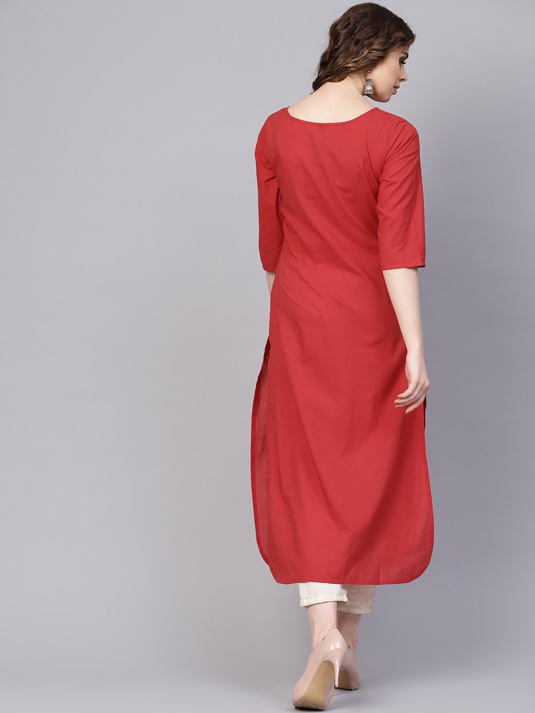 Solid Red Kurta With Thread Stitch And Tassels Detailing With A Round Neck And 3/4Th Sleeves | LASVINI - Redefining Indian Fashion with Elegance