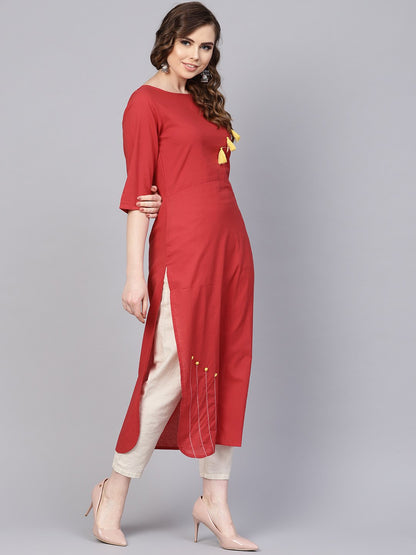 Solid Red Kurta With Thread Stitch And Tassels Detailing With A Round Neck And 3/4Th Sleeves | LASVINI - Redefining Indian Fashion with Elegance